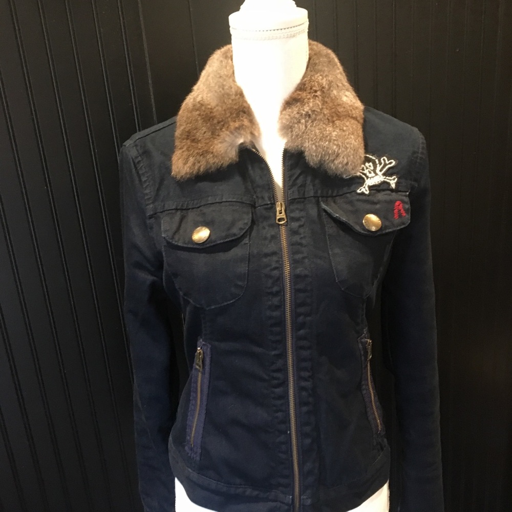 Replay Dark Denim Jacket with Faux Fur Collar